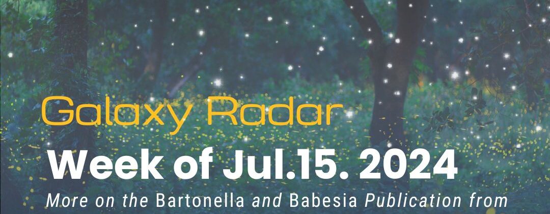 Galaxy Radar, Week of July 15, 2024. More on the Bartonella and Babesia Publication from NCSU * Late Diagnosis of Lyme Disease and a Tragic End * Children with Nonspecific Bartonellosis Symptoms * Fungal Coinfection of Bartonella spp. * More. Background image: Trees with stars and fireflies.