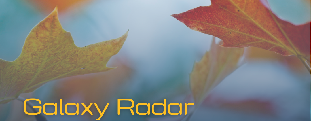 Galaxy Radar Week of September 16, 2024. Background of sparce fall leaves close up against a blue sky.